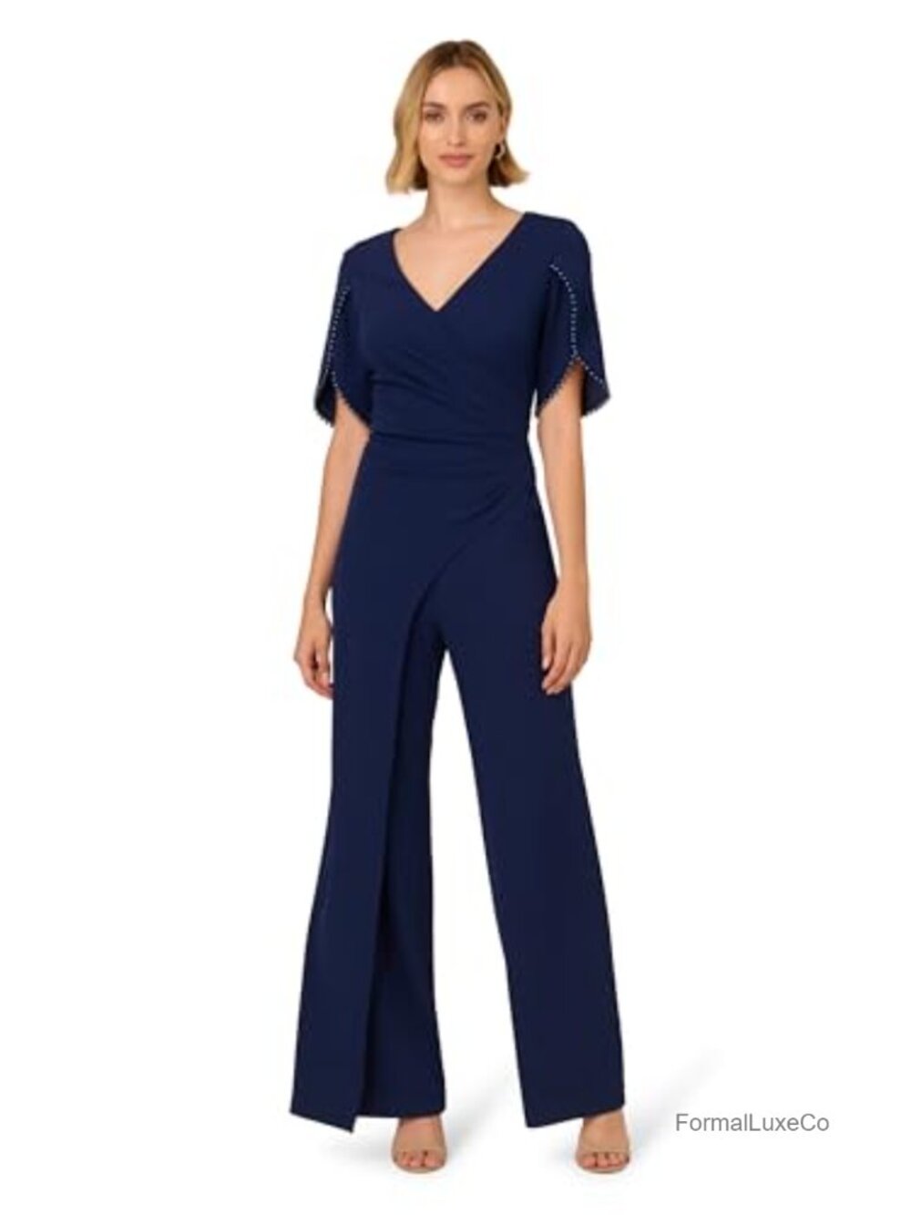 Adrianna Papell Pearl Knit Crepe Jumpsuit V-Neck Zipper Back